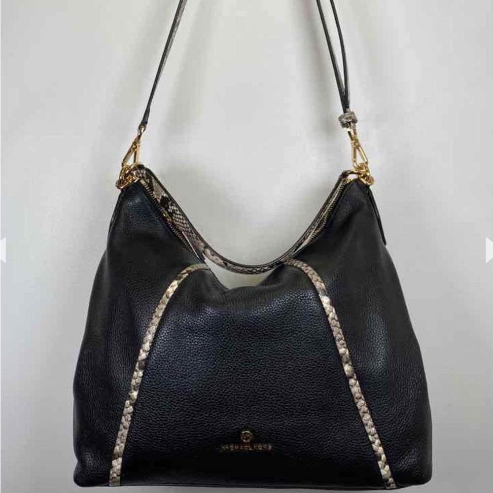 Michael Kors Couture Black Pebble Leather With Snake Print Hobo Bag - Picture 2 of 5